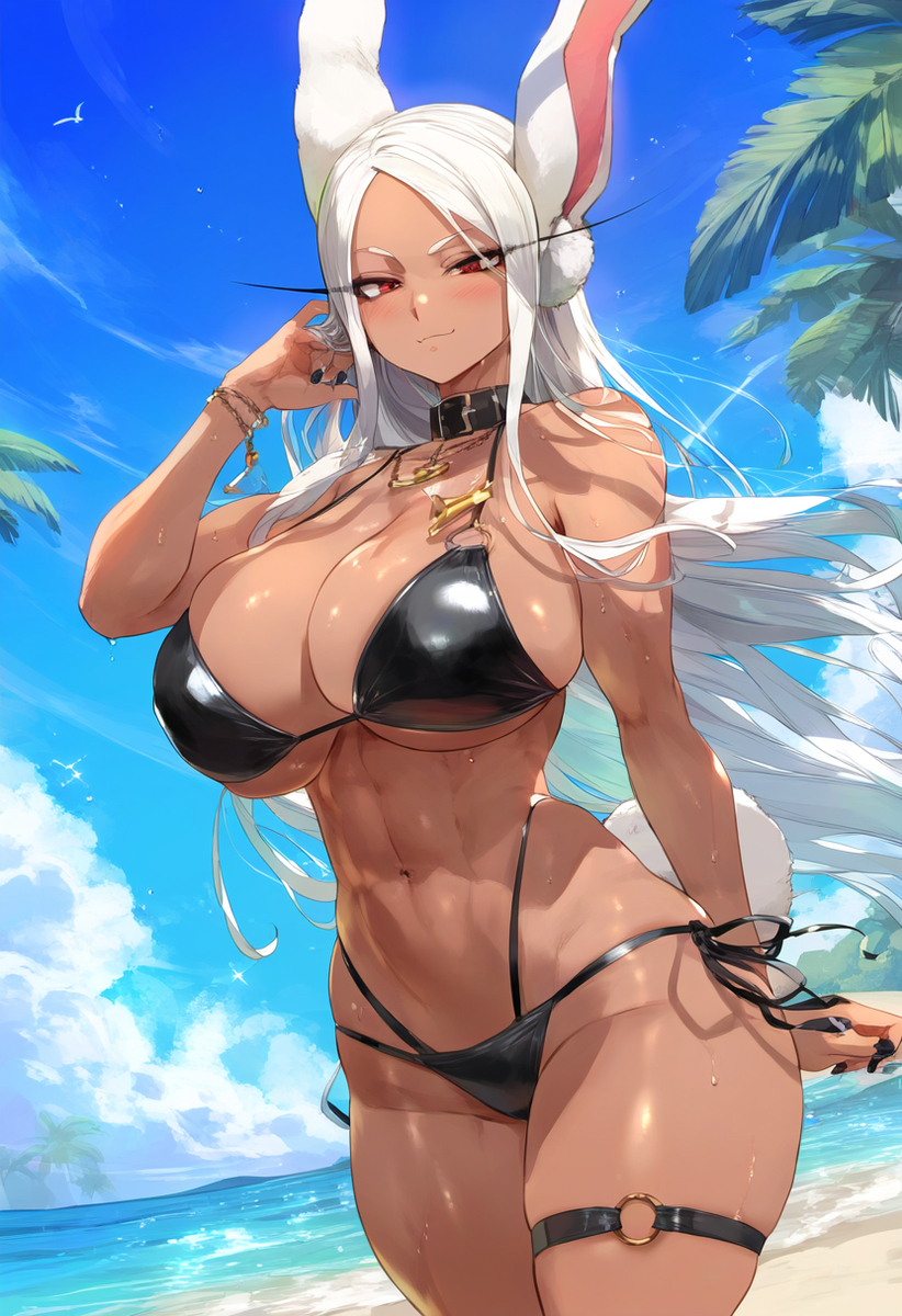 1girls abs ai_generated bare_arms bare_legs bare_shoulders bare_thighs beach big_breasts bikini bikini_bottom bikini_top blush bunny_ears bunny_girl clothed clothing color dark-skinned_female dark_skin female female_focus female_only fit_female hi_res large_breasts long_hair looking_at_viewer meiogun miruko muscles muscular muscular_female my_hero_academia red_eyes rumi_usagiyama sand sea solo solo_female superheroine sweat tagme thick_thighs water white_hair