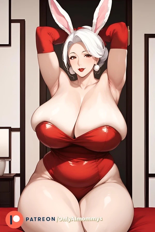 1girls, ai generated, arms up, barely contained breasts, big breasts, blush, blushing at viewer, breasts, bunny ears, bunny girl, bunnysuit, daya kisaragi, female, female only, giant breasts, hands behind head, huge breasts, in bed, leotard, milf, oc, onlyaimommys, original, original character, patreon username, playboy bunny, red eyes, red lipstick, smile, smiling at viewer, solo, strapless leotard, thick thighs, voluptuous, voluptuous female, white hair