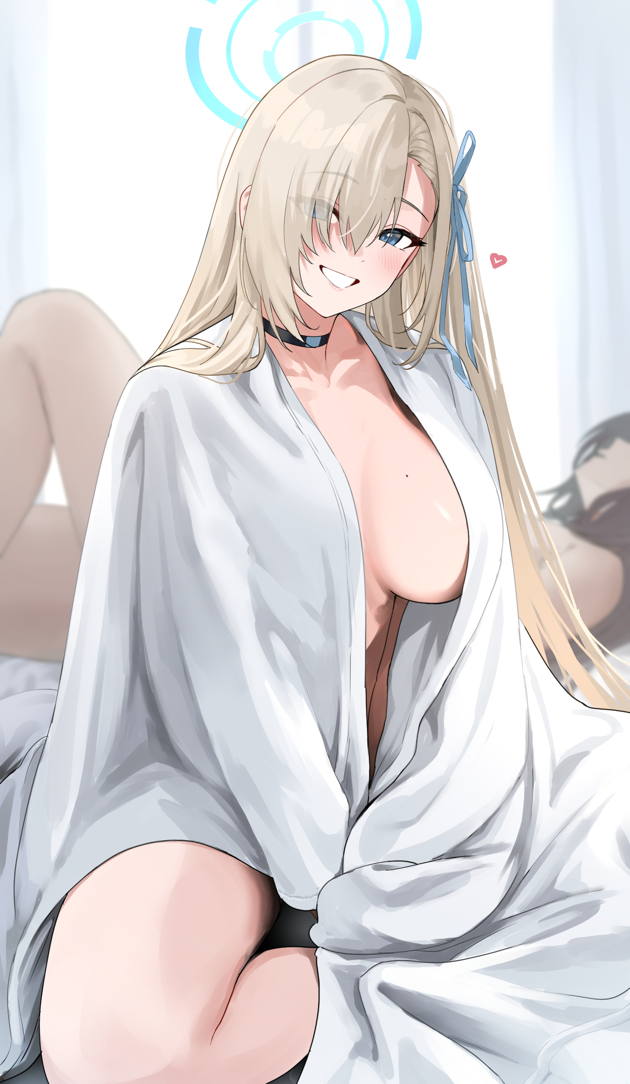 asuna (blue archive), background character, blanket, blue archive, breasts, choker, cleaning & clearing (blue archive), covering breasts, female, grin, heart, lotus position, millennium science school student, mostly nude, on bed, seductive, seductive look, sitting, smile