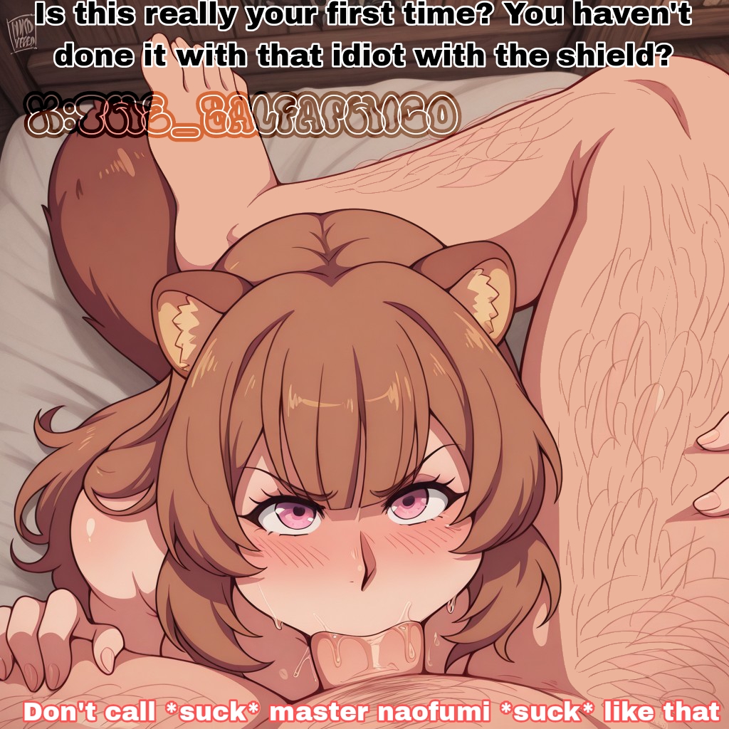 1boy, 1girls, ai generated, angry, balfaphico, deepthroat, dominant male, drunk, fellatio, female, hairy male, leg lock fellatio, looking at viewer, male, netorare, oral, raphtalia, tate no yuusha no nariagari, text