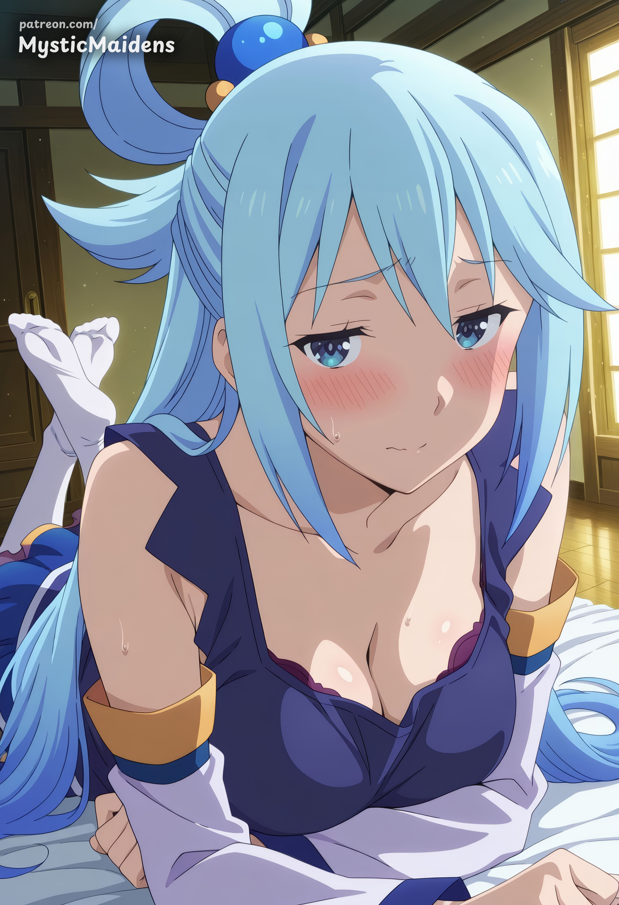 ai generated, anime, anime style, aqua (konosuba), bare shoulders, blue eyes, blue hair, blue shirt, blue skirt, blush, bra, breasts, cleavage, closed mouth, collarbone, detached sleeves, female, hair ornament, hair rings, hentai, hi res, indoors, kono subarashii sekai ni shukufuku wo!, konosuba, large breasts, long hair, long sleeves, looking at viewer, lying, medium breasts, mystic maidens, no shoes, on stomach, patreon, patreon username, shirt, skirt, sleeveless shirt, socks, solo, the pose, white socks