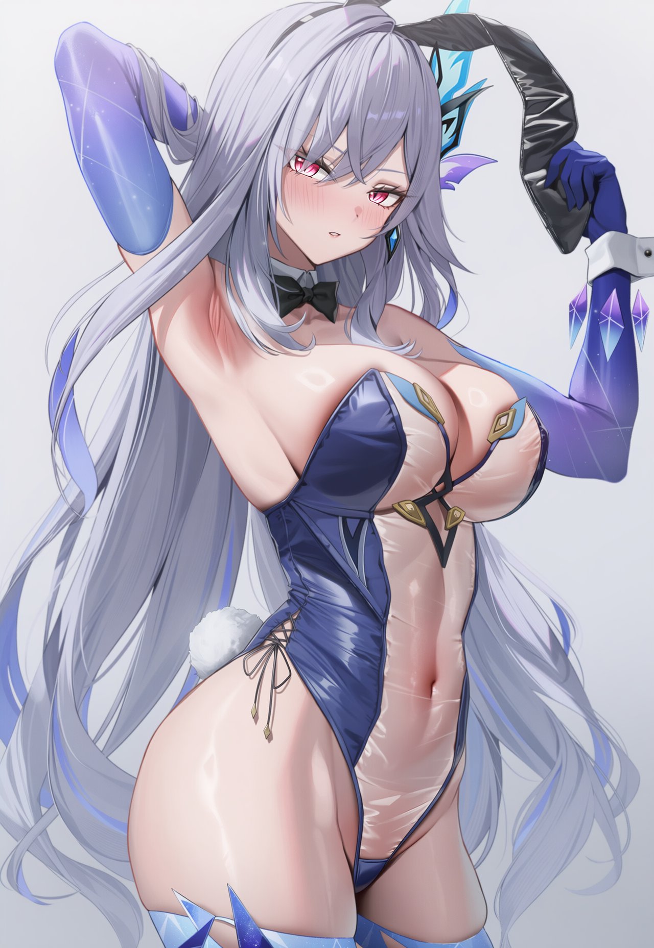 1girls, ai generated, armpits, breasts, female, female focus, female only, genshin impact, large breasts, light skin, light-skinned female, looking at viewer, skirk (genshin impact), solo, thick thighs, thighhighs, thighs, wide hips, yuneillusts