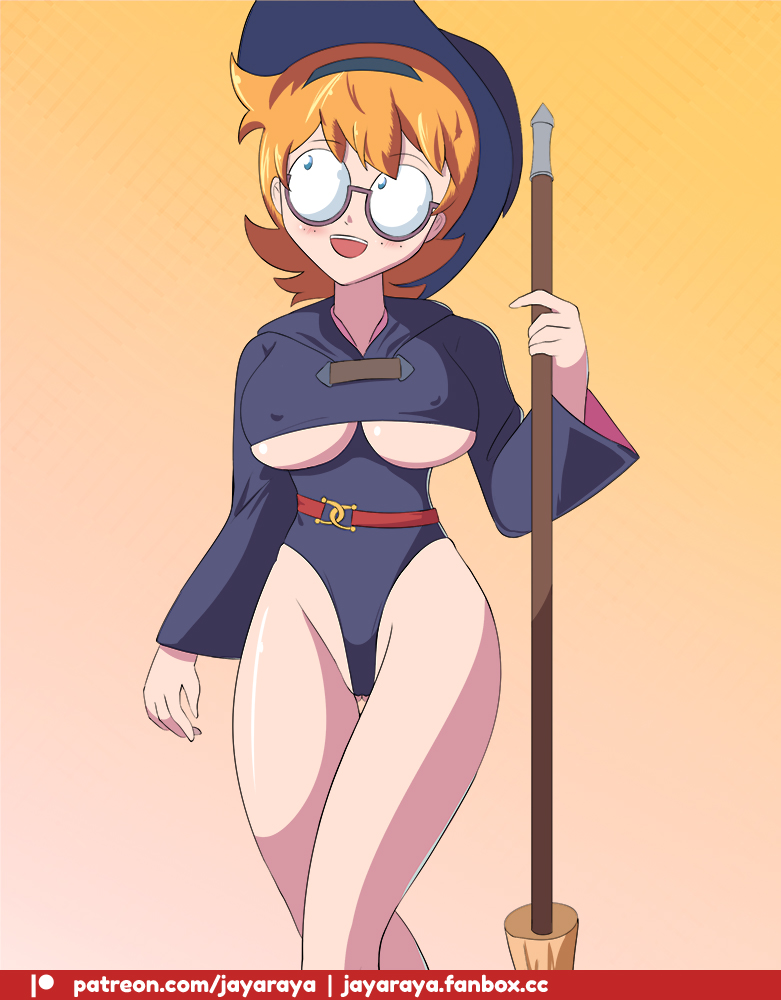 blonde_hair bloom blue_eyes breasts breasts ecchi glasses jaya_raya leotard little_witch_academia lotte_yansson modified_costume short_hair sleeves thighs thong_leotard witch_hat