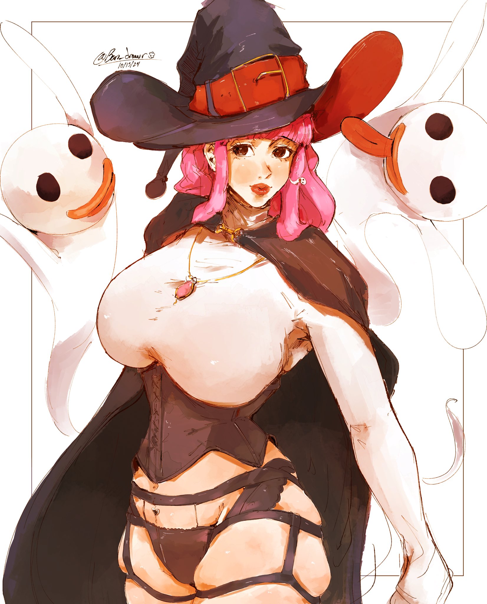 1girls, bon drawr, breasts, cape, corset, female, female only, garter belt, garter straps, halloween costume, large breasts, one piece, panties, perona, pink hair, pink-haired female, post-timeskip, tagme, thick thighs, thighs, witch, witch hat