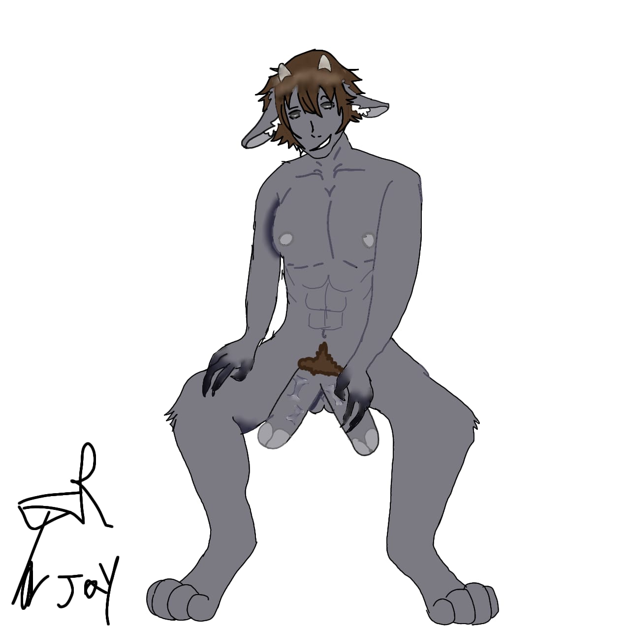 2_penises abs big_chest black_eyes body_hair brown_hair buff claws creepypasta demon_boy diphallia diphallism eyeless_jack goat_ears gray_nipples grey_skin horns multi_genitalia multi_penis paws penis