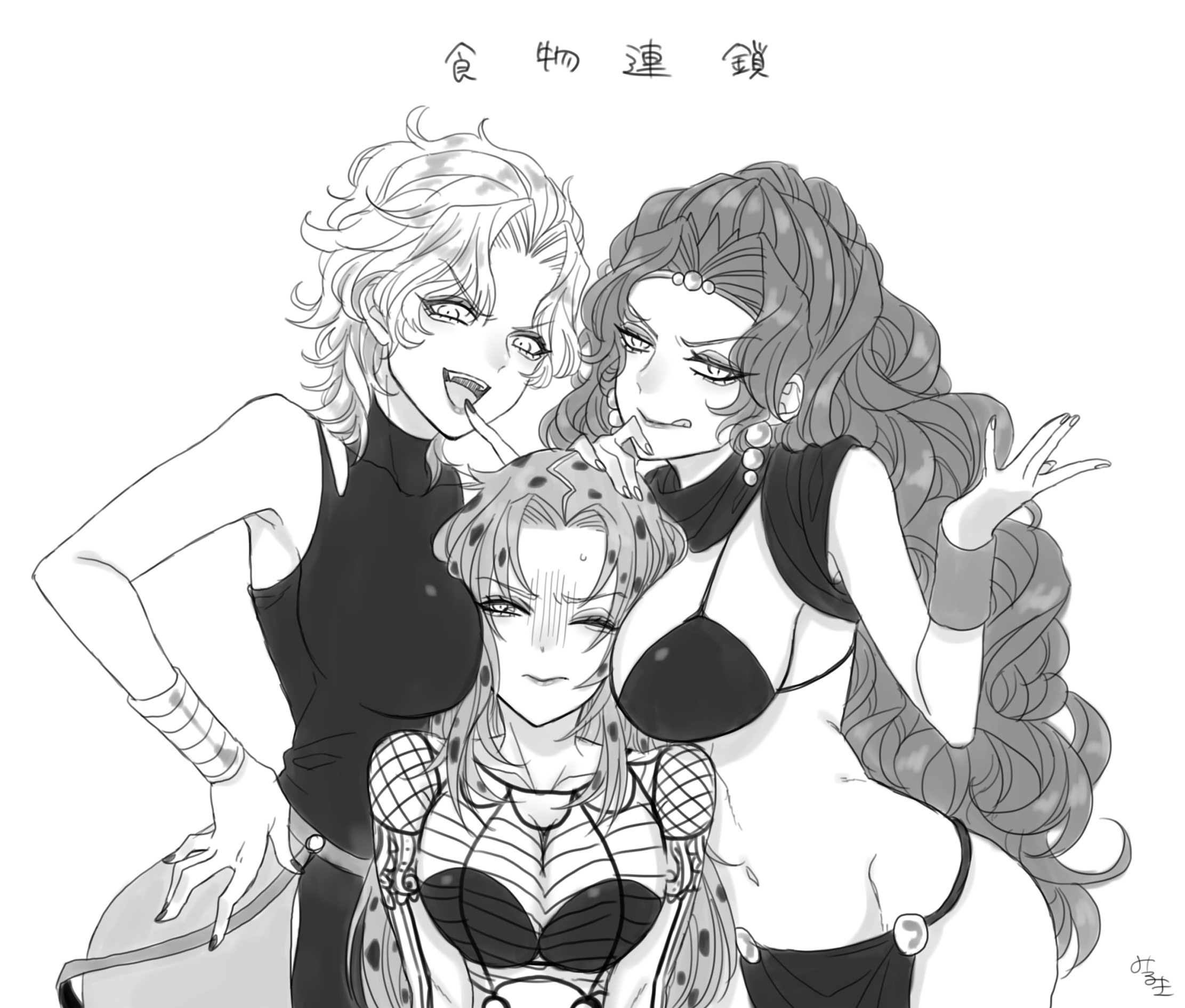 3girls, battle tendency, big breasts, breasts, diavolo, dio brando, female, female only, jojo's bizarre adventure, kars, monochrome, not ai generated, rule 63, stardust crusaders, tagme, vento aureo