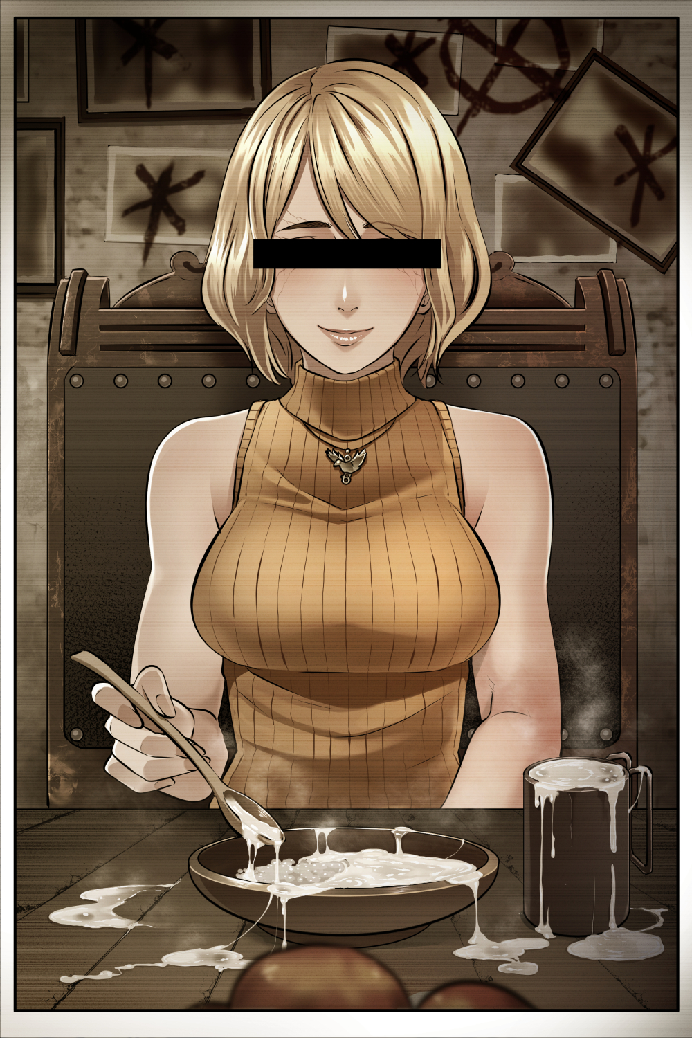 1girls 2d 2d_(artwork) ashley_graham big_breasts blonde_hair butcha-u censored_eyes cum cum_in_container facing_viewer female female_only highres identity_censor large_breasts photo_(object) resident_evil resident_evil_4 short_hair smile solo