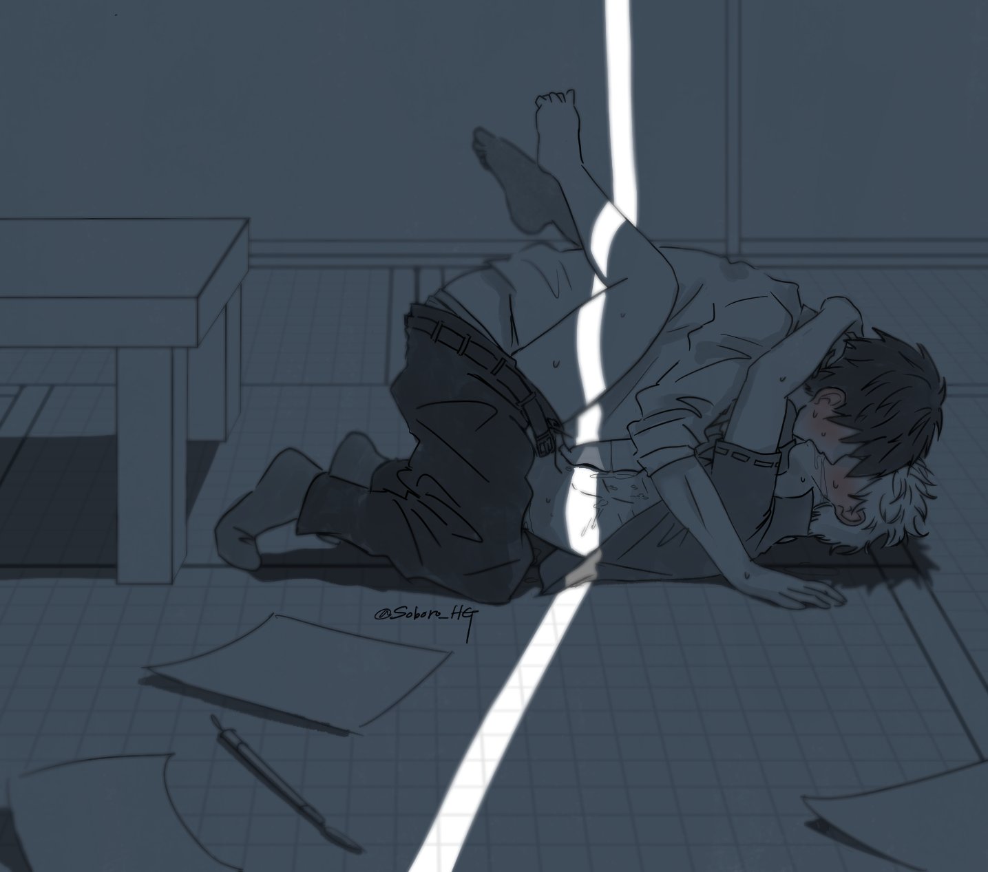 2boys, arms around neck, barefoot, blush, clothed sex, drool, drooling, embrace, exhibitionism, feet, feet up, floor sex, flustered, gay, gintama, gintoki sakata, grabbing, hijikata toshiro, implied anal, indoors, interrogation room, kissing, legs up, making out, male, male only, monochrome, needy, on floor, open door, open door light, open pants, open shirt, passionate, police officer, sex, shadow, soboro hg, spying, sweat, toes, touching, voyeurism, yaoi