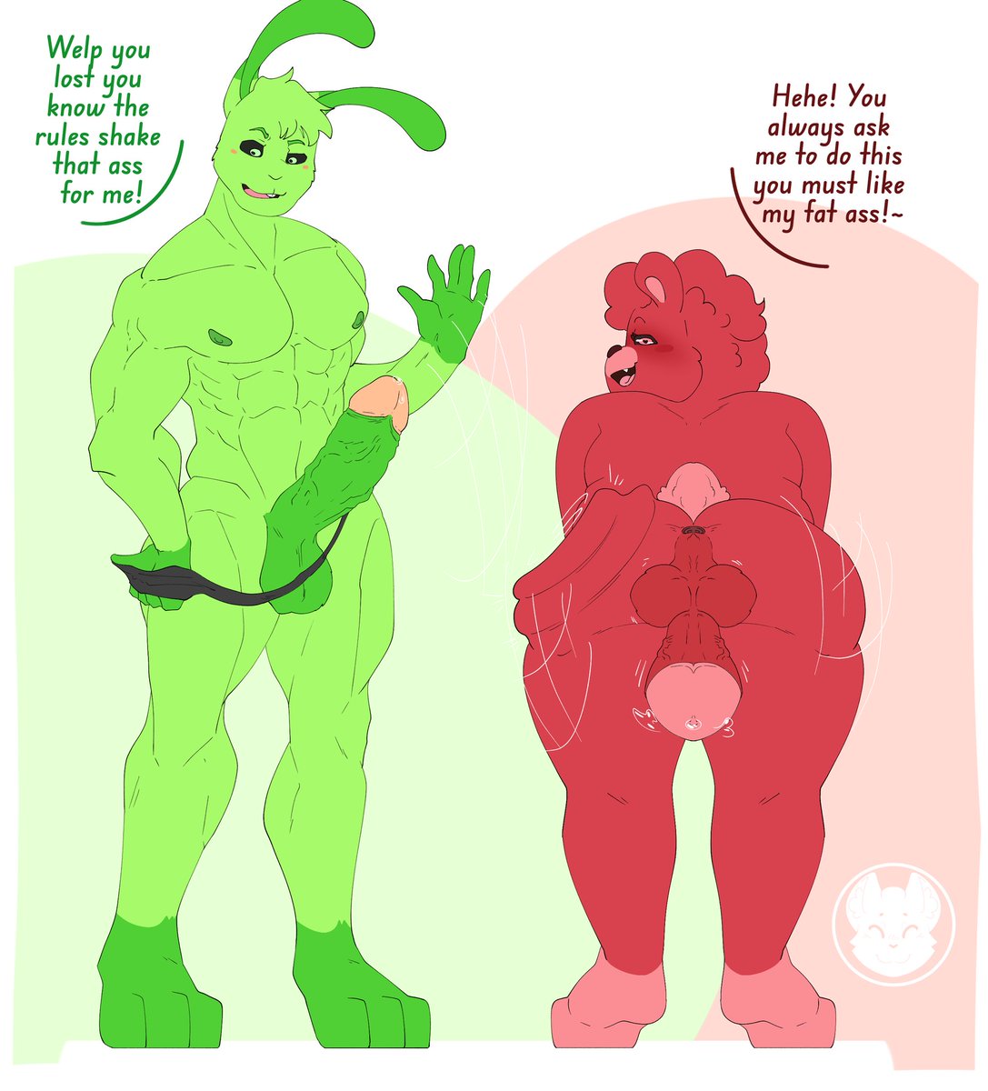 anthro anthro_on_anthro anthro_only bear bobby_bearhug bunny critters_(poppy_playtime) domestic_rabbit furry_only green_body green_fur green_skin hoppy_hopscotch hoppy_hopscotch_(poppy_playtime) lucc_nudds male male/male male_only no_humans pink_belly poppy_playtime poppy_playtime_(chapter_3) rabbit red_body red_fur red_skin sex smiling_critters tagme