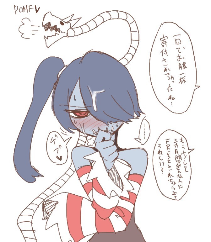 adramskodorogurusomuae ambiguous_gender blue_hair blue_skin blush cum cum_in_hair cum_on_face dragon female frown hair hair_over_eye japanese_text leviathan_(skullgirls) pomf red_eyes skullgirls solo_focus speech_bubble squigly stitches sweat text translation_request undead zombie