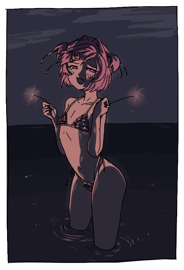 1female 1girls breasts butt doki_doki_literature_club exspiravitbag female_focus fireworks holding_sparkler in_water natsuki_(doki_doki_literature_club) open_mouth pink_eyes pink_hair sparkler swimwear water