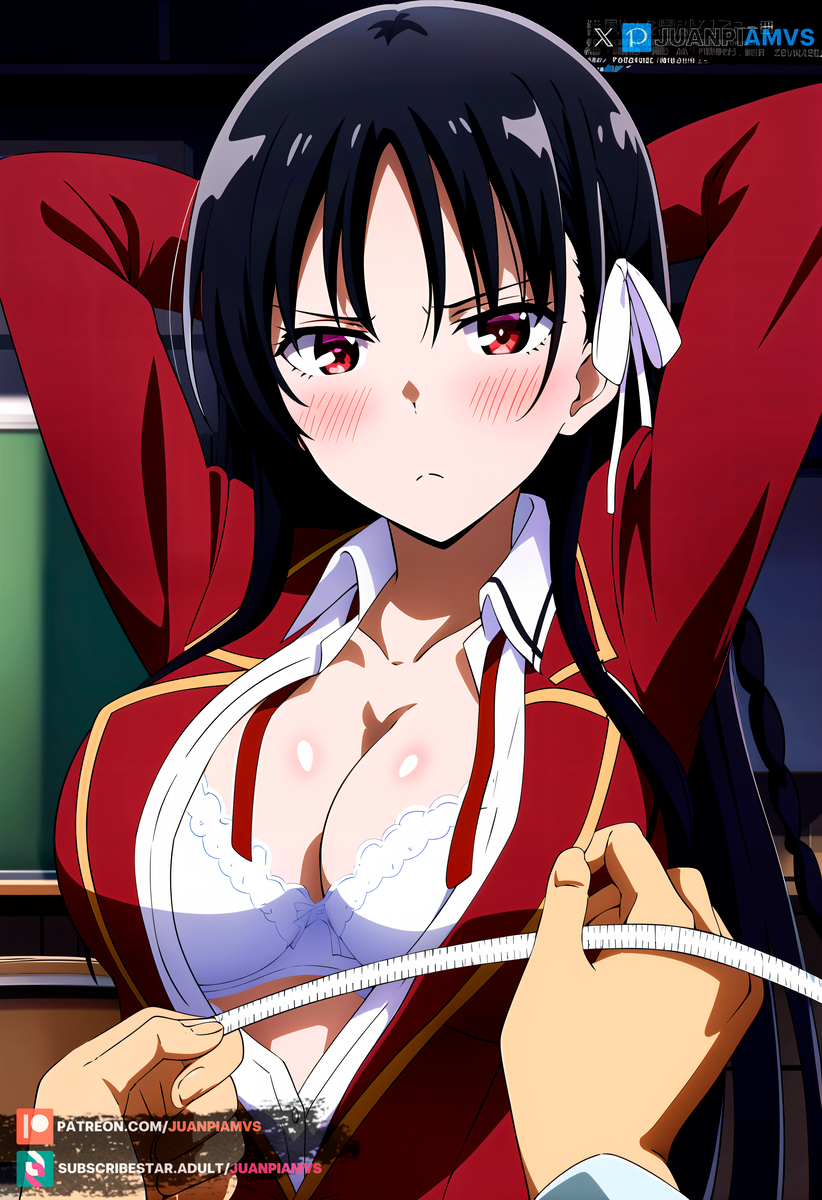 1boy 1boy1girl ai_generated arms_up big_breasts black_hair blush classroom_of_the_elite curvy curvy_figure female hair_ornament horikita_suzune juanpiamvs long_hair looking_at_viewer open_clothes patreon patreon_username red_eyes school_uniform subscribestar subscribestar_username underwear watermark white_underwear