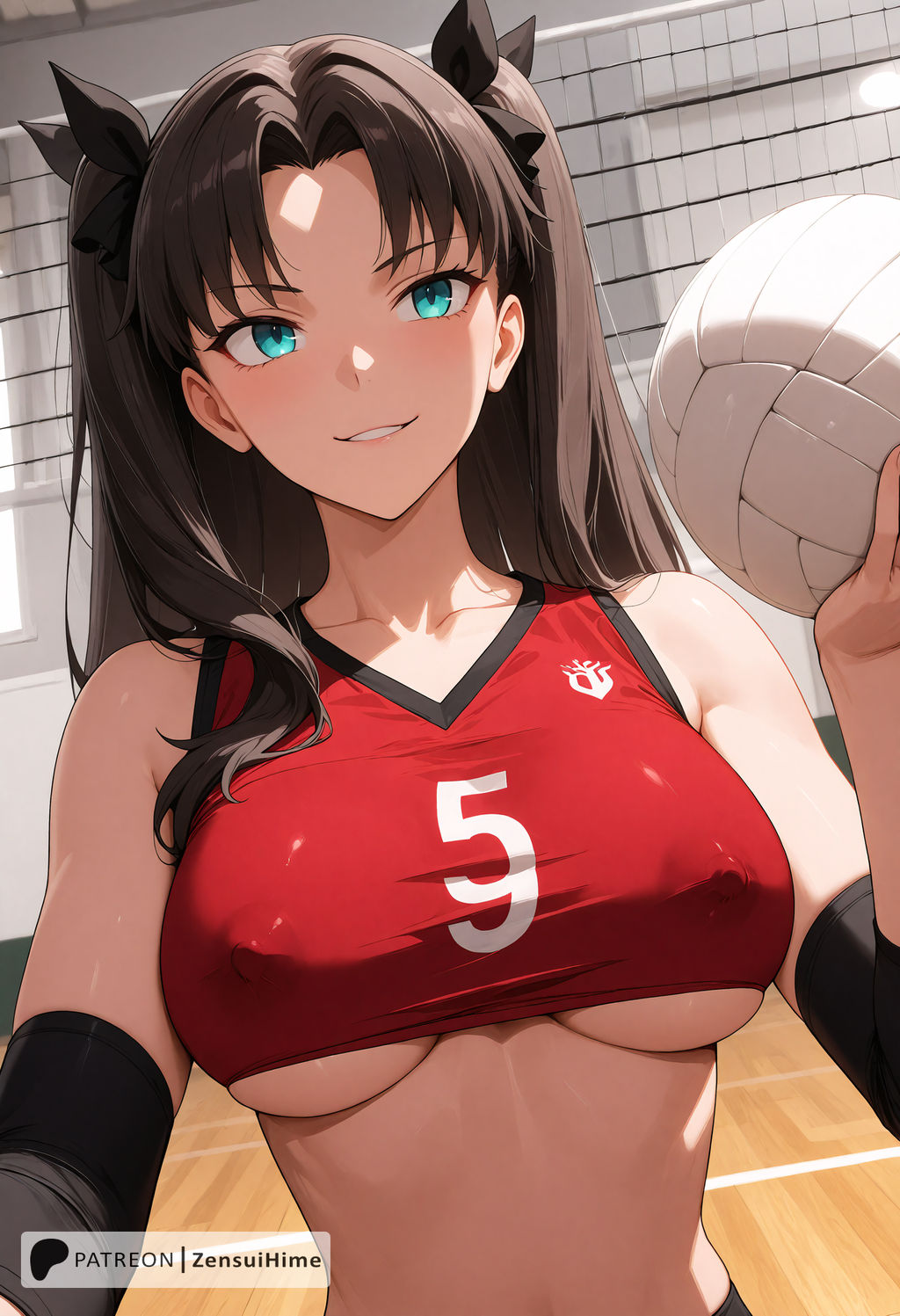 1girls ai_generated bangs bare_shoulders black_hair black_ribbon blue_eyes blush breasts brown_hair clavicle clothing covered_erect_nipples crop_top elbow_pads erect_nipples erect_nipples_under_clothes fate/stay_night fate_(series) female female_only gloves grin hair_ornament hair_ribbon holding indoors large_breasts long_hair looking_at_viewer midriff navel nipples parted_bangs parted_lips red_shirt ribbon shirt sleeveless smile solo sportswear stomach tied_hair tohsaka_rin twintails two_side_up underboob upper_body volleyball volleyball_uniform zensuihime