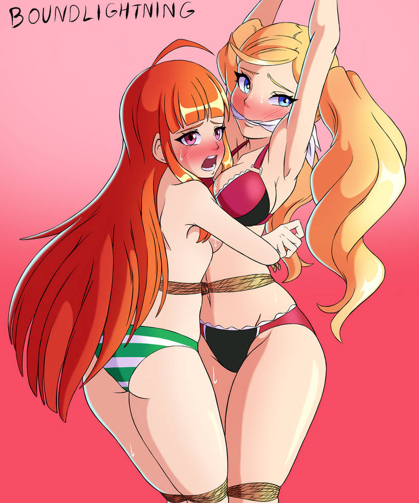 2girls ann_takamaki arms_tied ass blonde_hair blue_eyes bondage boundlightning bra breasts cleave_gag gag gagged green_panties legs_tied long_hair looking_at_viewer medium_breasts midriff navel orange_hair panties persona persona_5 pink_eyes red_bra red_panties rope rope_bondage sakura_futaba striped_panties tied_together twintails white_panties