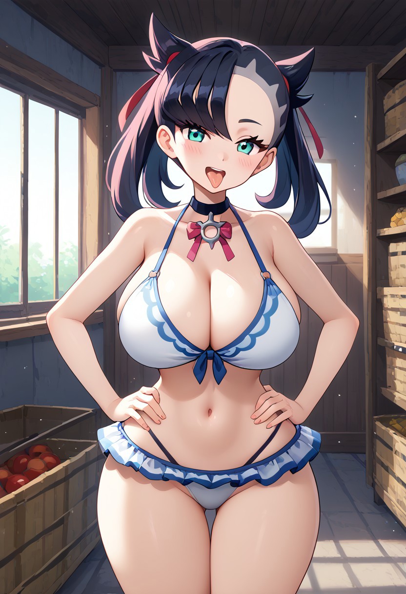 1girls, ai generated, alternate breast size, bikini, breasts, cleavage, female, hand on hip, huge breasts, marnie (pokemon), pokemon, solo, standing, tagme, teenager, tongue, tongue out