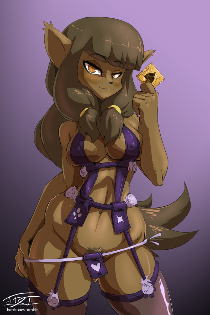 ankama, anthro, bottomless, breasts, brown eyes, brown hair, condom, ecaflip, feline, female, furry, garter straps, hardtones, holding condom, long hair, looking at viewer, miranda (wakfu), panties, panty pull, pubic hair, smile, solo, tail, thighhighs, tongue, underwear, wakfu