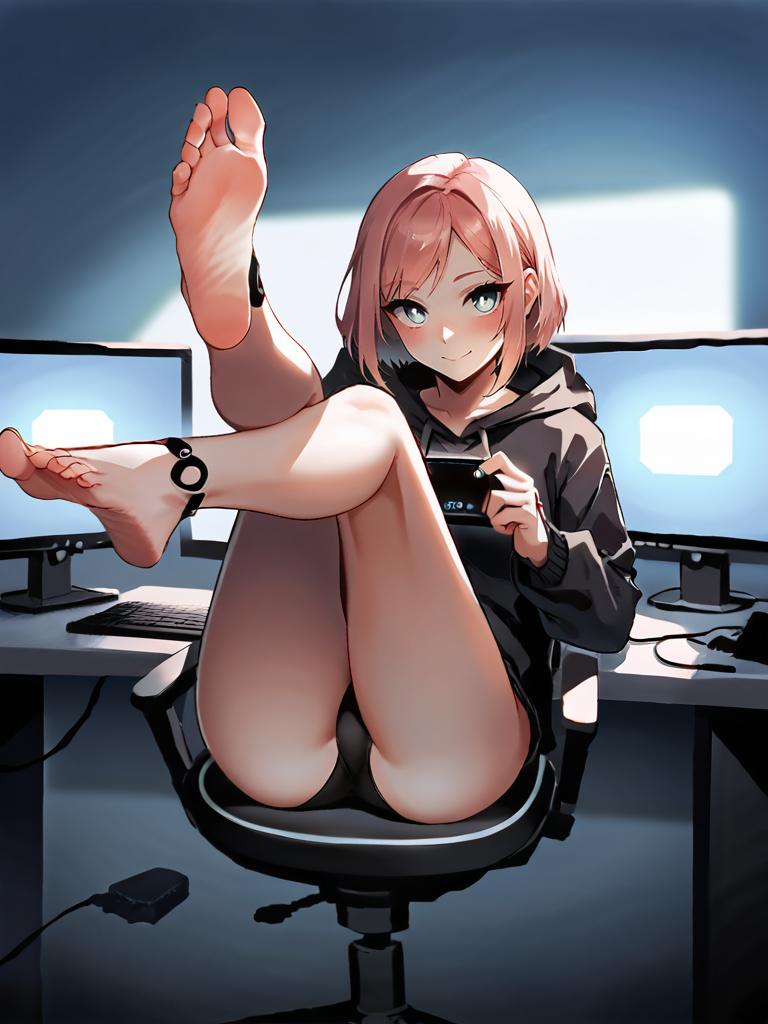 ai_generated foot_fetish gamer_girl gaming_chair headphones hoodie panties