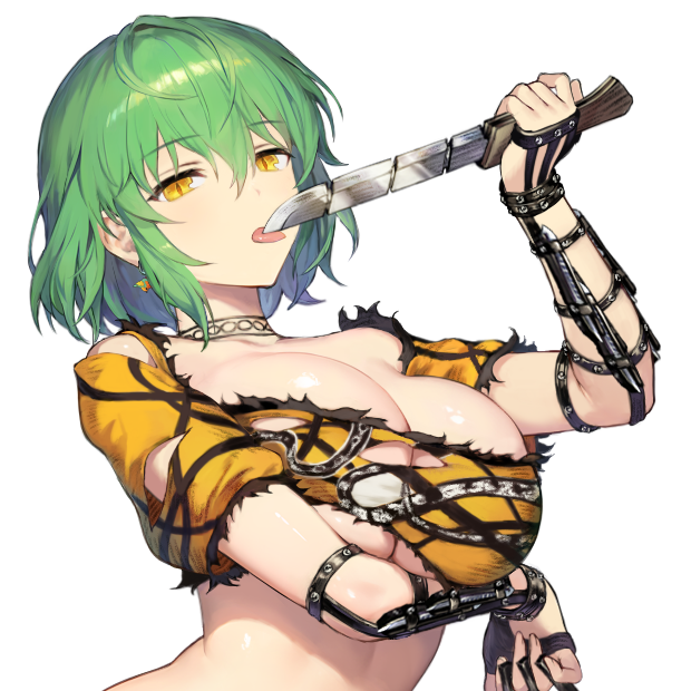 arm_under_breasts armwear breast_hold breast_lift brown_dust_2 closed_mouth crop_top crossover earrings emotionless emotionless_female eyebrows_visible_through_hair female female_focus female_only green_eyes hair_between_eyes head_tilt hikage_(senran_kagura) huge_breasts knife licking_blade licking_knife licking_object licking_weapon looking_at_viewer neck_tattoo official_art revealing_clothes senran_kagura short_hair short_sleeves skimpy skimpy_clothes slit_pupils tattoo tattoo_on_neck tongue tongue_out torn_clothes torn_crop_top transparent_background underboob upper_body weapon yellow_eyes