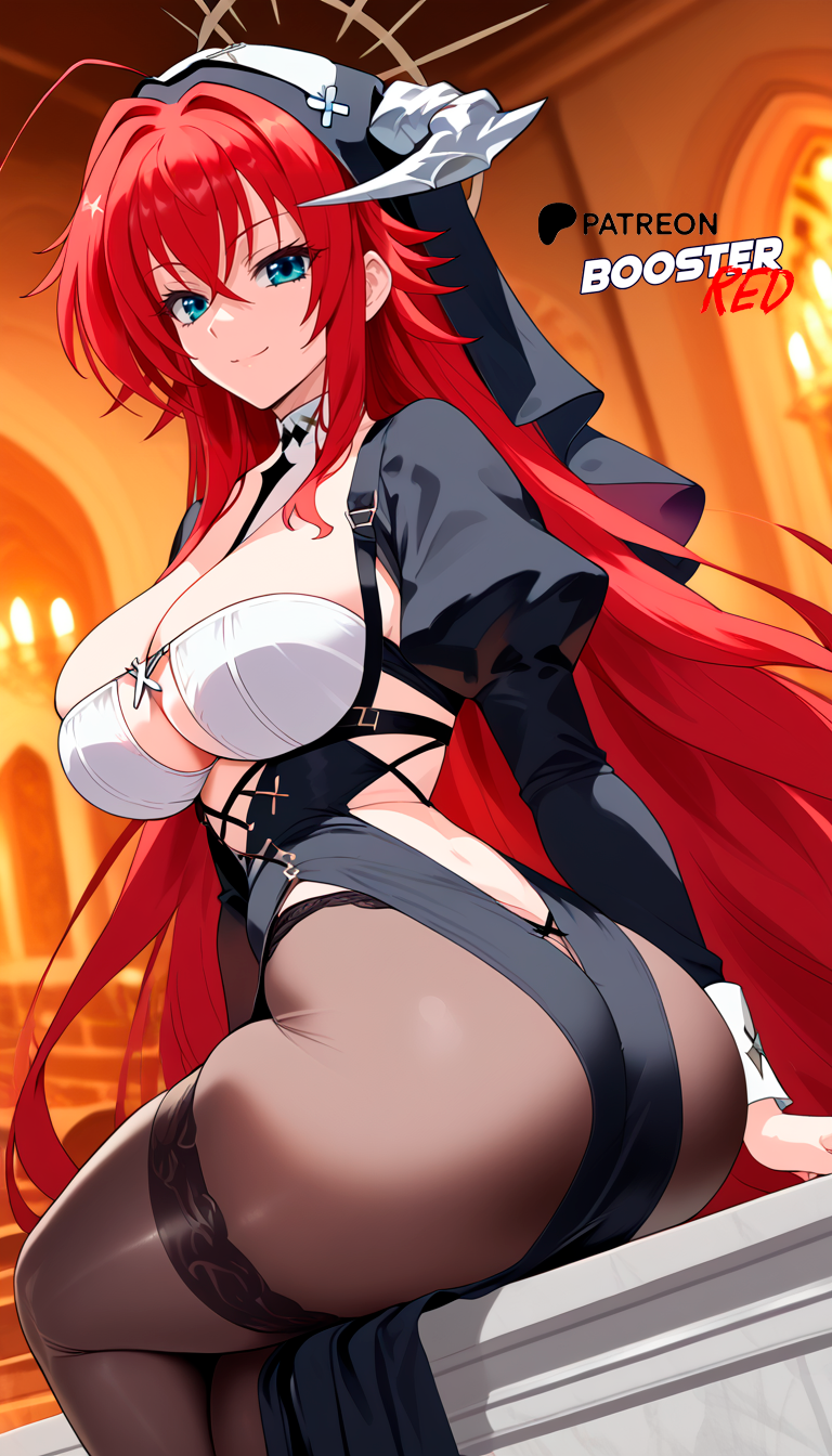 ai_generated ass ass_focus blue_eyes boosterred99 close-up from_behind from_behind_position high_school_dxd large_breasts legs long_hair long_sleeves navel nun nun_habit nun_hat nun_outfit pantyhose perfect_body pony_diffusion_xl red_hair rias_gremory seductive_smile thick_thighs voluptuous