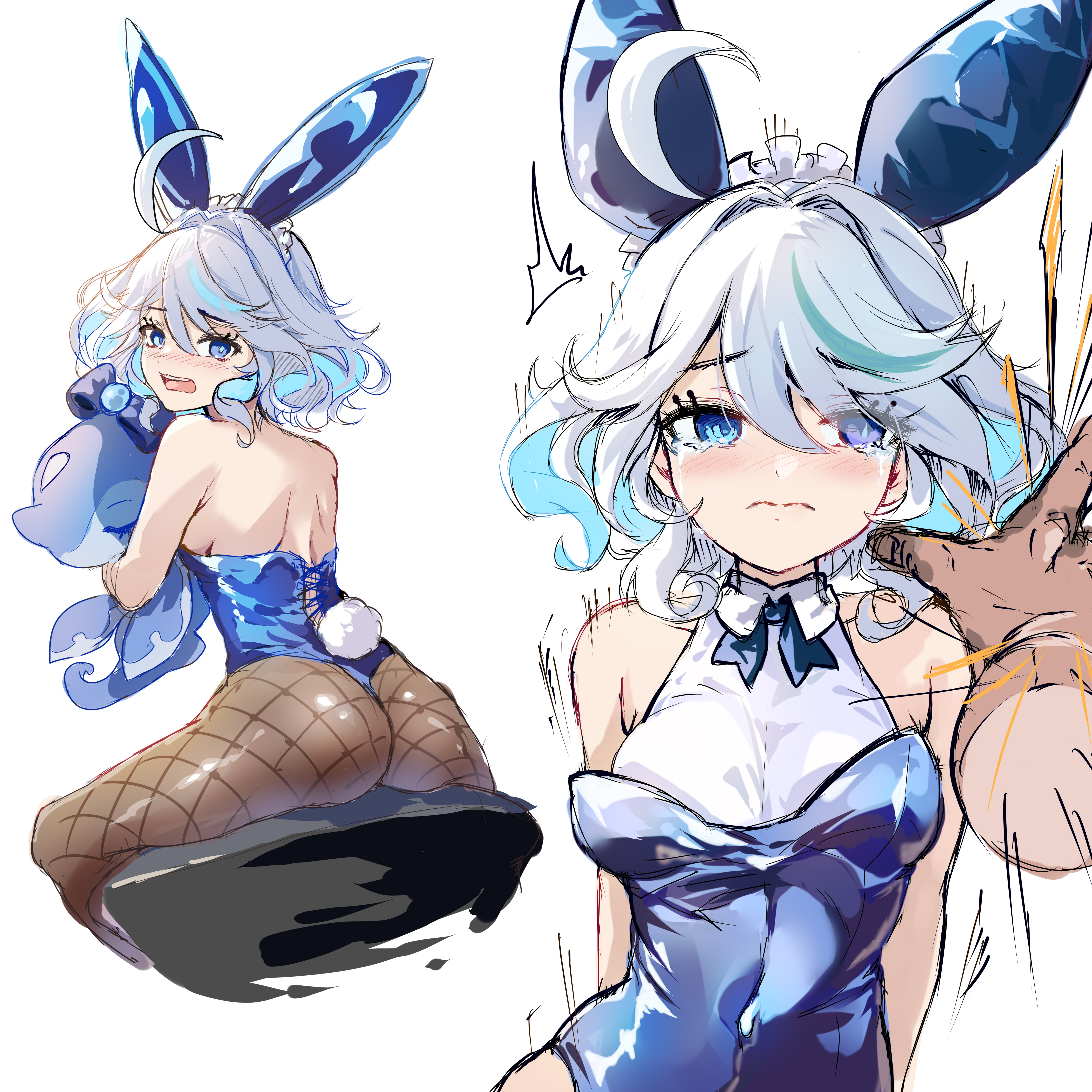 1boy, 1girls, against wall, ass, assertive male, blue eyes, blue hair, blush, breasts, bunny ears, bunny girl, bunny tail, crying, crying with eyes open, female, fishnets, furina (genshin impact), genshin impact, leotard, male, playboy bunny, rear view, sad, scared, sitting