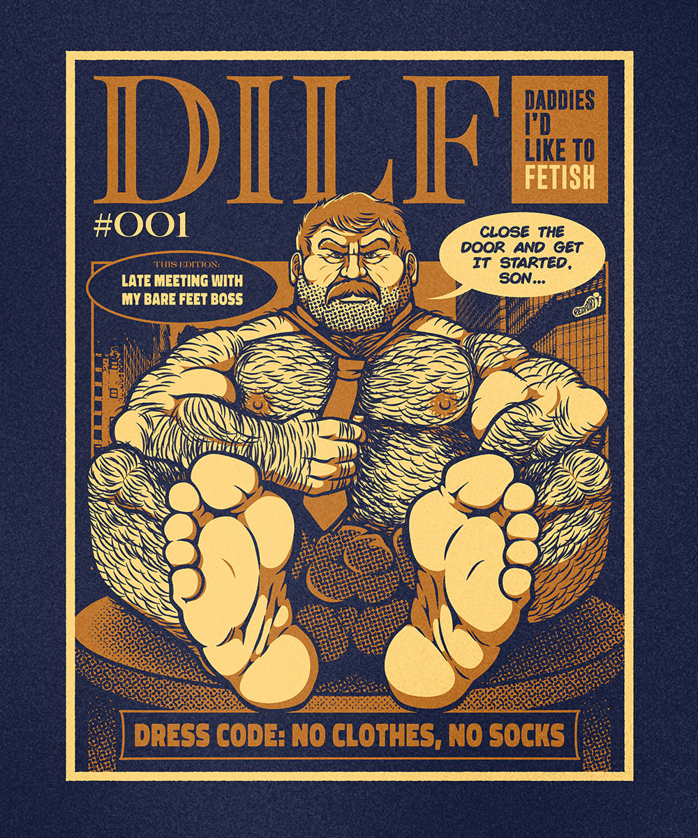 2024 boss boss_and_subordinate bulge dilf feet foot_fetish hairy human imminent_foot_worship magazine male_feet male_foot_fetish muscular muscular_male older_male partially_clothed redfortbear solo_male speech_bubble