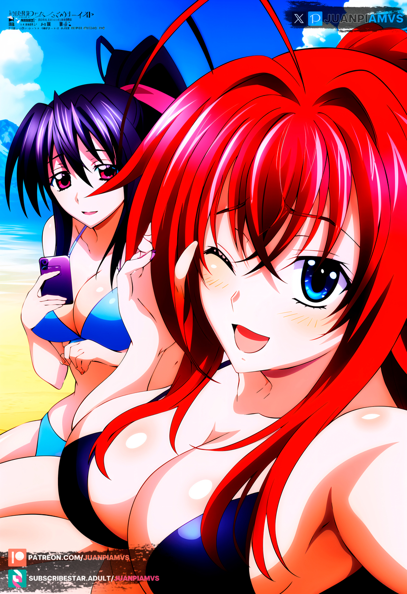 2girls ai_generated akeno_himejima beach big_breasts bikini blue_bikini blue_eyes blush cellphone clouds dark_blue_bikini dark_purple_hair high_school_dxd juanpiamvs long_hair looking_at_viewer open_mouth patreon patreon_username pink_eyes ponytail red_hair rias_gremory sand sea seaside sitting sitting_on_beach sky smiling subscribestar subscribestar_username watermark