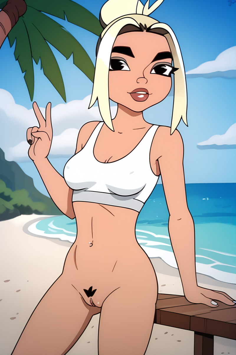 1girls ai_generated beach blonde_hair bottomless dua_lipa hallucinate_(dua_lipa) sports_bra