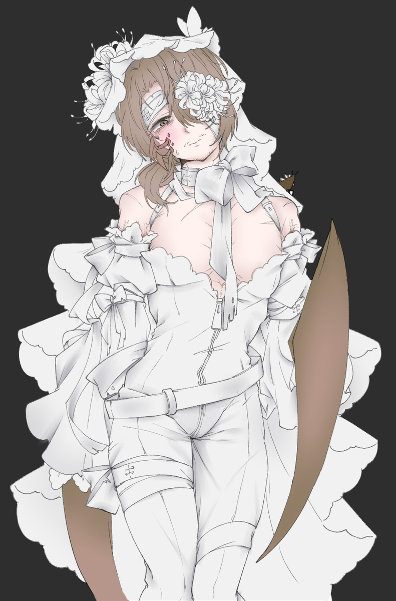 all_white_outfit bow_ribbon bug_features chest_falling_out covered_eye eye_bandage flowers fully_clothed gregor_(limbus_company) limbus_company project_moon ruffles spider_lily tight_clothes white_clothes