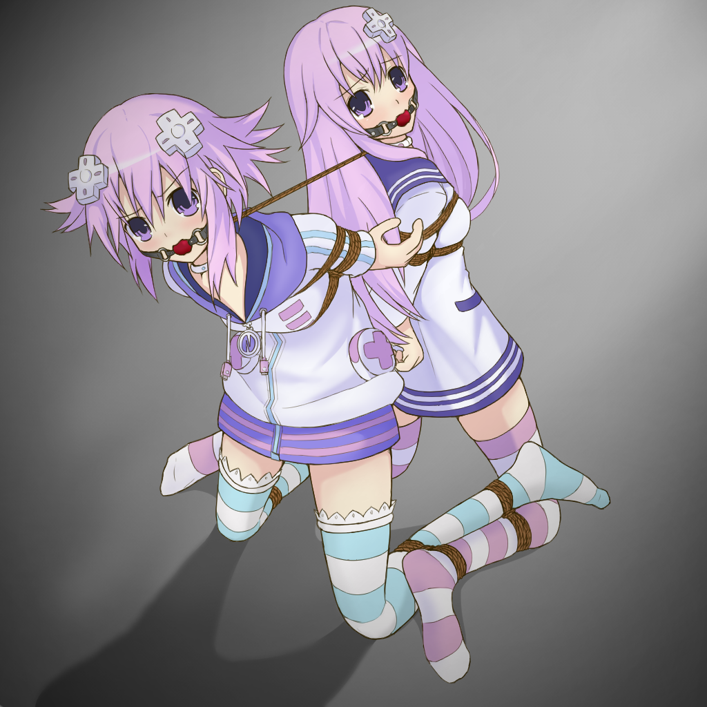 2girls ball_gag blush bondage bound d-pad femuto gag hair_ornament long_hair looking_at_viewer multiple_girls nepgear neptune_(neptunia) neptunia_(series) open_mouth purple_eyes purple_hair restrained rope short_hair striped striped_legwear tied_up