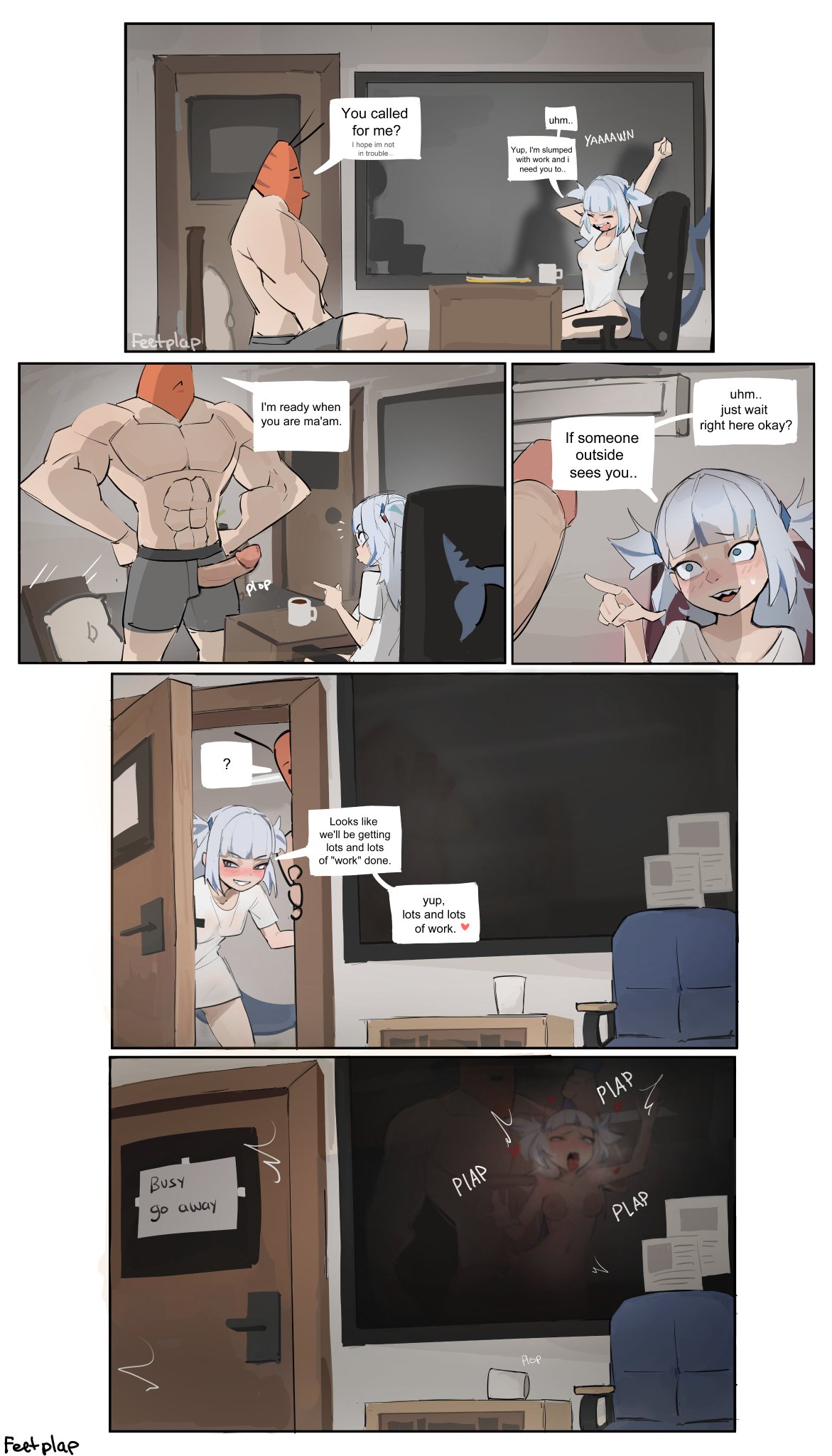 against_glass big_breasts comic dialogue doggy_style english english_text feetplap gawr_gura hololive light_skin muscular muscular_male sex shark_girl smaller_female stretching white_hair