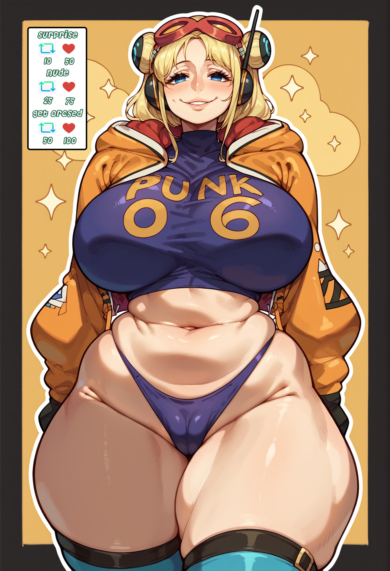 ai generated, android girl, bare thighs, bbw, blonde hair, blue eyes, breasts, chubby female, clothing, female, female only, gigantic breasts, glasses on head, hair bun, headphones, huge breasts, huge thighs, light skin, light-skinned female, long hair, looking at viewer, massive breasts, one piece, one piece: egghead arc, panties, pussy, pussy visible through panties, smiling, solo female, squatting, sweat, sweatdrop, thick body, thick female, thick thighs, thighs, vegapunk york, voluptuous, voluptuous female, yashugai
