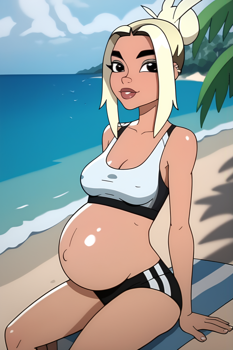 1girls ai_generated beach blonde_hair dua_lipa hallucinate_(dua_lipa) pregnant shorts sports_bra sportswear