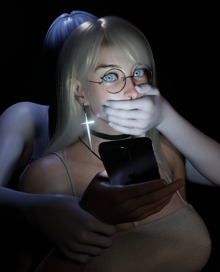 1girls 3d 3d_(artwork) barcode black_choker blender blender_eevee blonde_hair blue_eyes choker cross_earrings cross_necklace glasses grabbing grabbing_from_behind grabbing_wrist grace_(osimai) hand_over_another&#039;s_mouth hand_over_mouth handgag huge_breasts iphone kidnapping looking_at_viewer nose_piercing nose_ring original_character osimai pale_skin phone pleated_skirt shocked shocked_expression skirt tank_top undead vampire vampire_girl