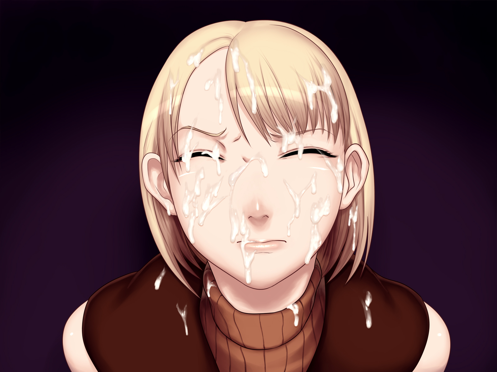 ashley graham, ashley graham (brooke elizabeth mathieson), bare arms, blonde hair, capcom, closed eyes, cum, cum in mouth, cum on clothes, cum on hair, cum on upper body, facial, female, gradient background, highres, resident evil, resident evil 4, sawao, scarf, short hair, simple background, sleeveless, sleeveless turtleneck, solo, sweater, turtleneck, upper body