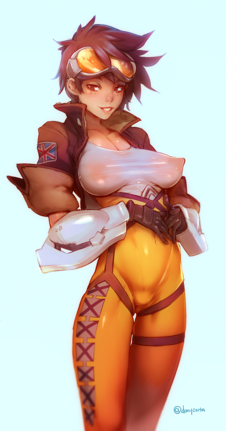 2d, brown hair, cleavage, covered nipples, doxy, erect nipples, female, flag, gloves, goggles, jacket, nipples, overwatch, short hair, solo, standing, tracer