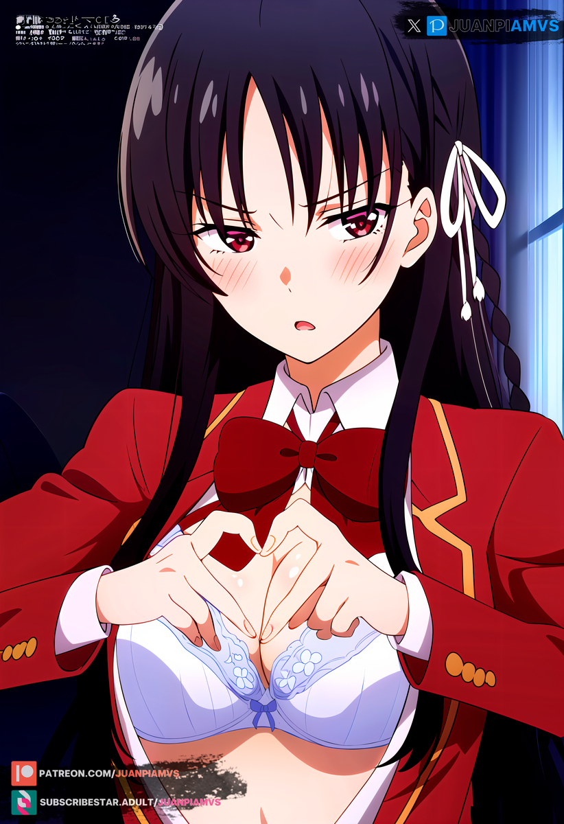 ai_generated big_breasts black_hair blush classroom_of_the_elite curvy curvy_figure female female female_only hair_ornament heart_with_hands horikita_suzune juanpiamvs long_hair open_clothes patreon patreon_username red_eyes school_uniform subscribestar subscribestar_username underwear watermark white_underwear