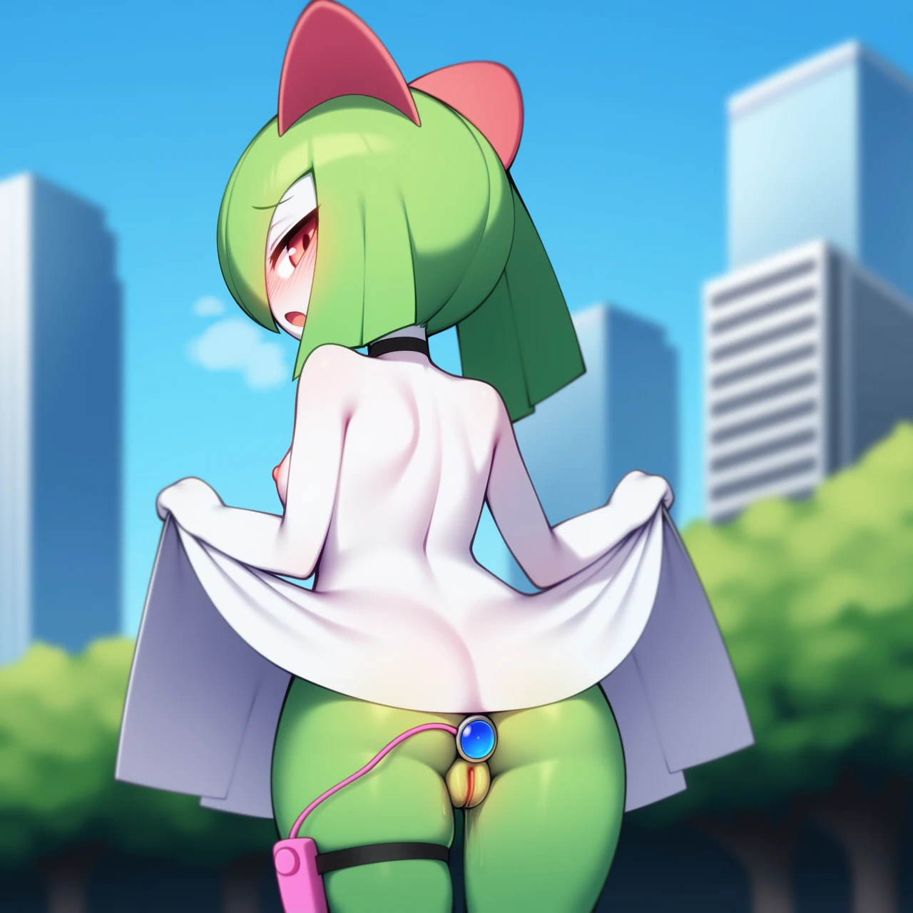 ai generated, anal insertion, ass, black choker, blush, breasts, breath, building, choker, controller, dress, dress lift, exhibitionism, female, green hair, green skin, insertion, kirlia, looking at viewer, looking back, nipples, object insertion, open mouth, outdoors, pokemon, public indecency, pussy, red eyes, sex toy, short hair, small breasts, standing, thigh strap, thighs, vagina, vibrator, vibrator cord, white dress