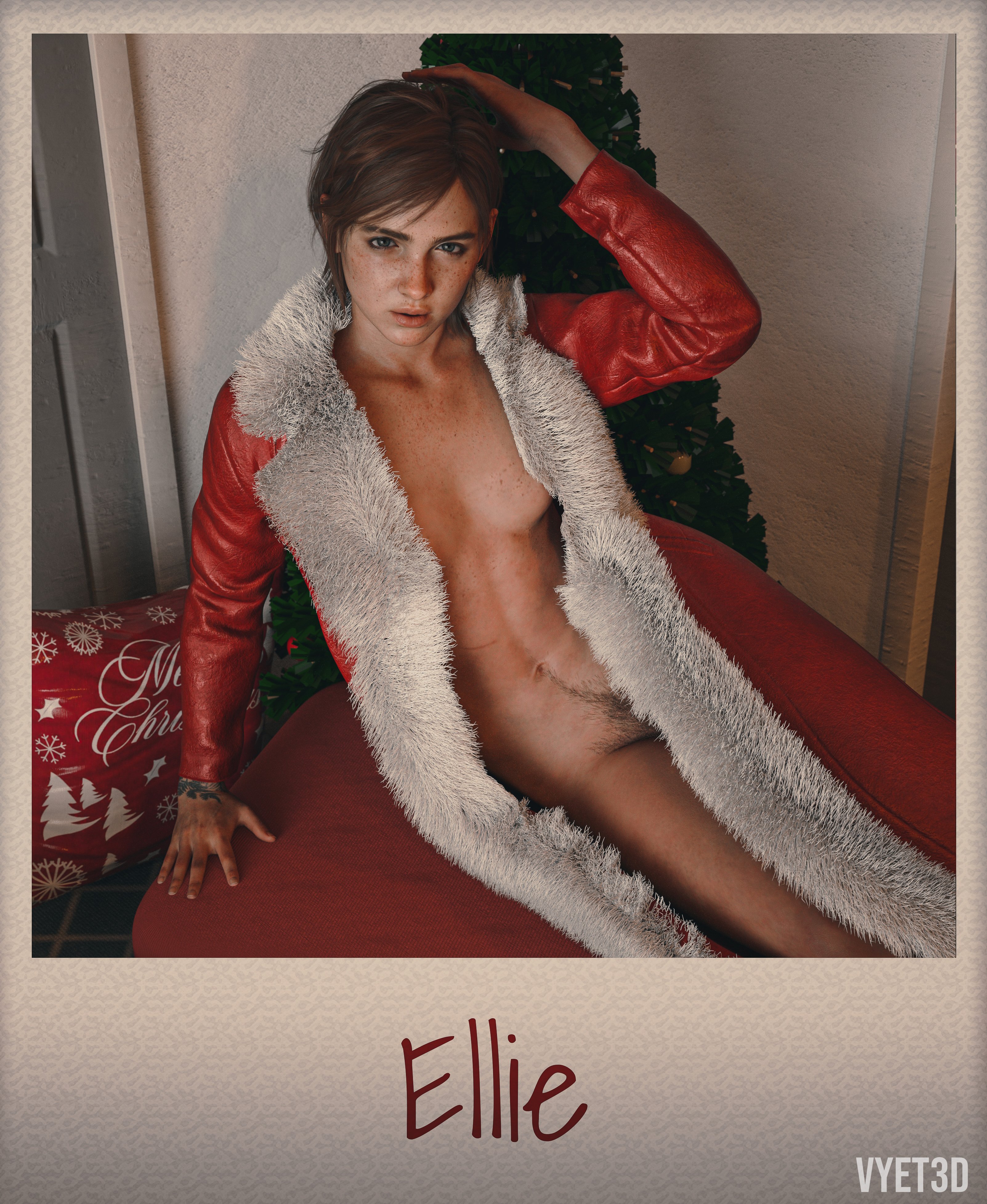 1girls, 3d, brown hair, christmas, christmas outfit, christmas tree, ellie (the last of us), ellie williams, female, female focus, lingerie, medium breasts, open clothes, open robes, photograph, pinup, pinup pose, polaroid, robes, sitting, skinny, small breasts, tagme, the last of us, the last of us 2, toned, toned female, vyet3d