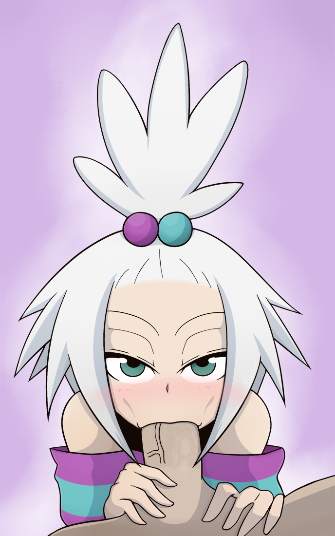 1boy 1girls bare_shoulders blue_eyes fellatio female hair_ornament human male oral penis pokemon pokemon_bw2 roxie_(pokemon) santystuff solo_focus straight striped striped_shirt topknot white_hair