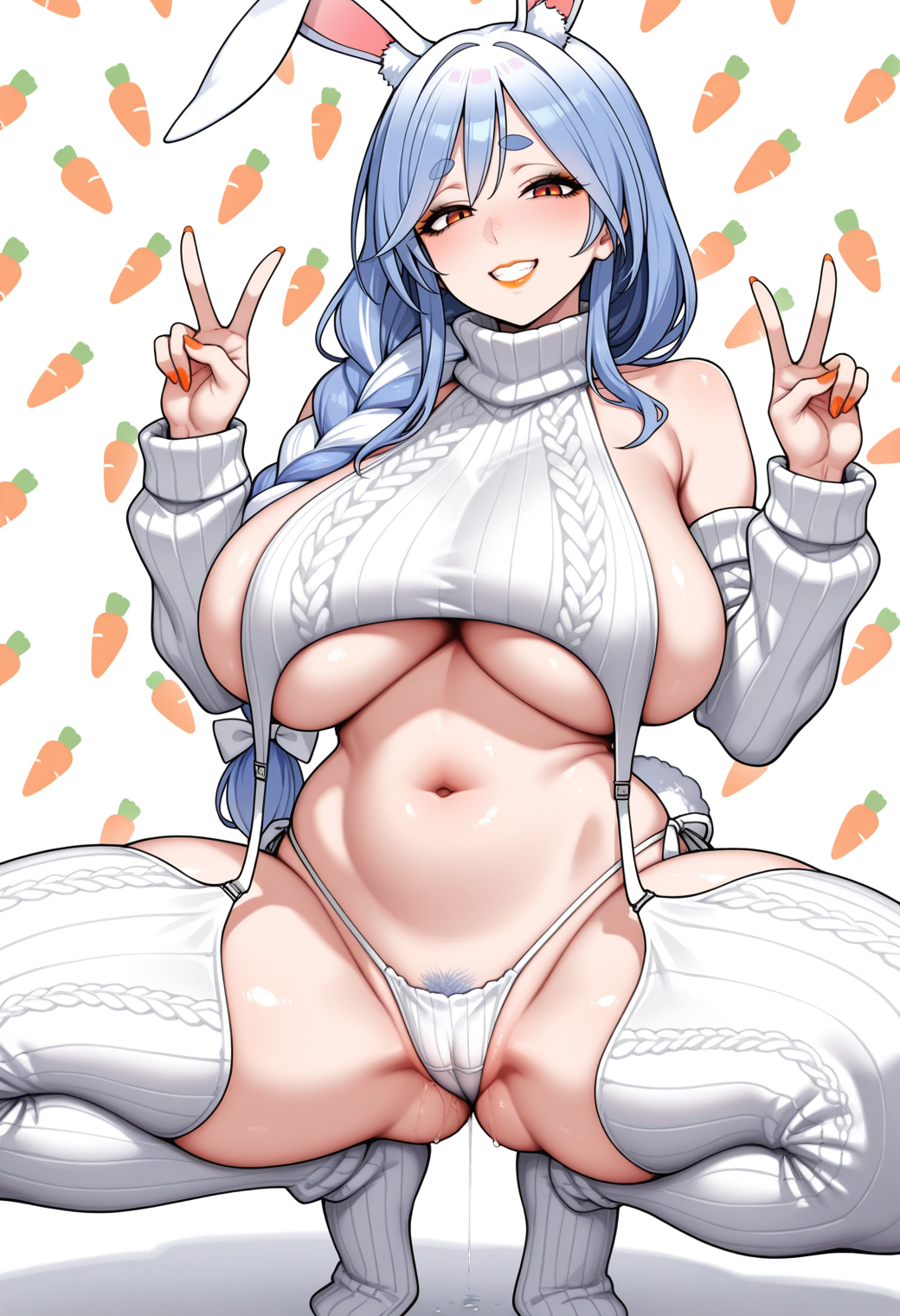 1girls ai_generated blue_eyes blue_hair blush cameltoe hololive huge_breasts long_hair orange_eyes orange_nails peace_sign pekomama pussy_juice rabbit_ears rabbit_girl squatting thick_thighs v virgin_killer_sweater virtual_youtuber wide_hips