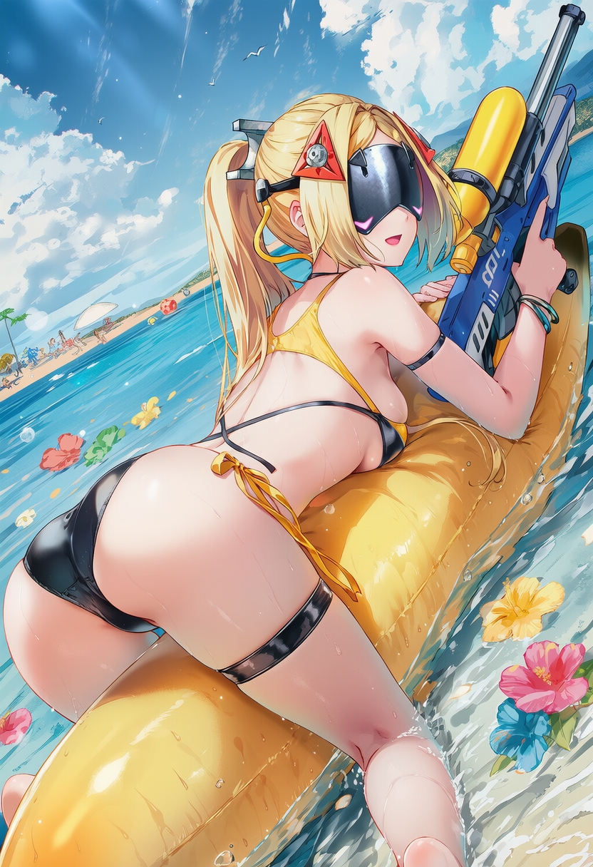 ai generated, ass, back view, beach background, cloudy sky, curvy body, curvy female, curvy figure, eyes obscured, female, female only, laying on stomach, no eyes, raaicave, sky background, trigger (zenless zone zero), water gun, watergun, zenless zone zero