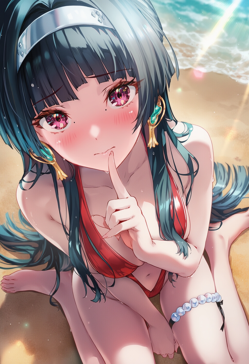 ai generated, astra yao, beach background, black hair, close up, close-up, embarrassed female, female, female focus, female only, kneeling, on knees, one piece swimsuit, quiet gesture, raaicave, sitting on sand, zenless zone zero
