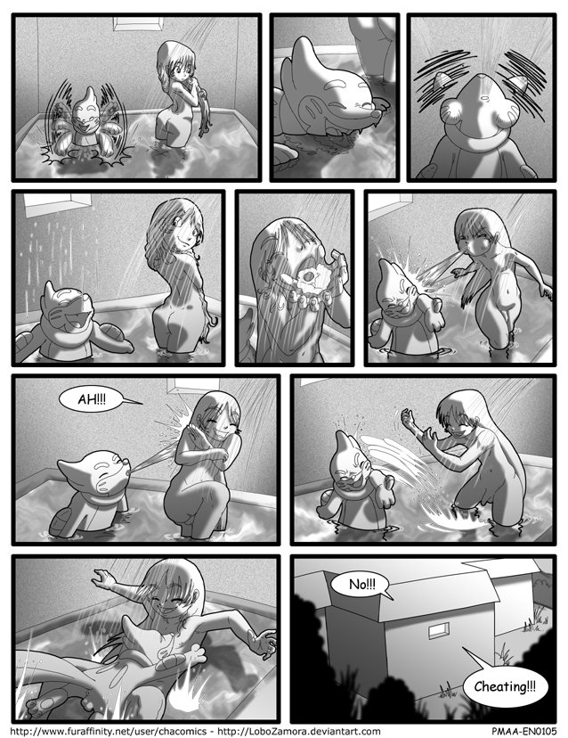 2009 2boys ass bath breasts buizel comic furry gay human lobozamora male male_only mammal monochrome nintendo nude original_character otter penis pokémon_(species) pokemon pokemon_dppt shower splashing testicles text trap video_games water wet yaoi