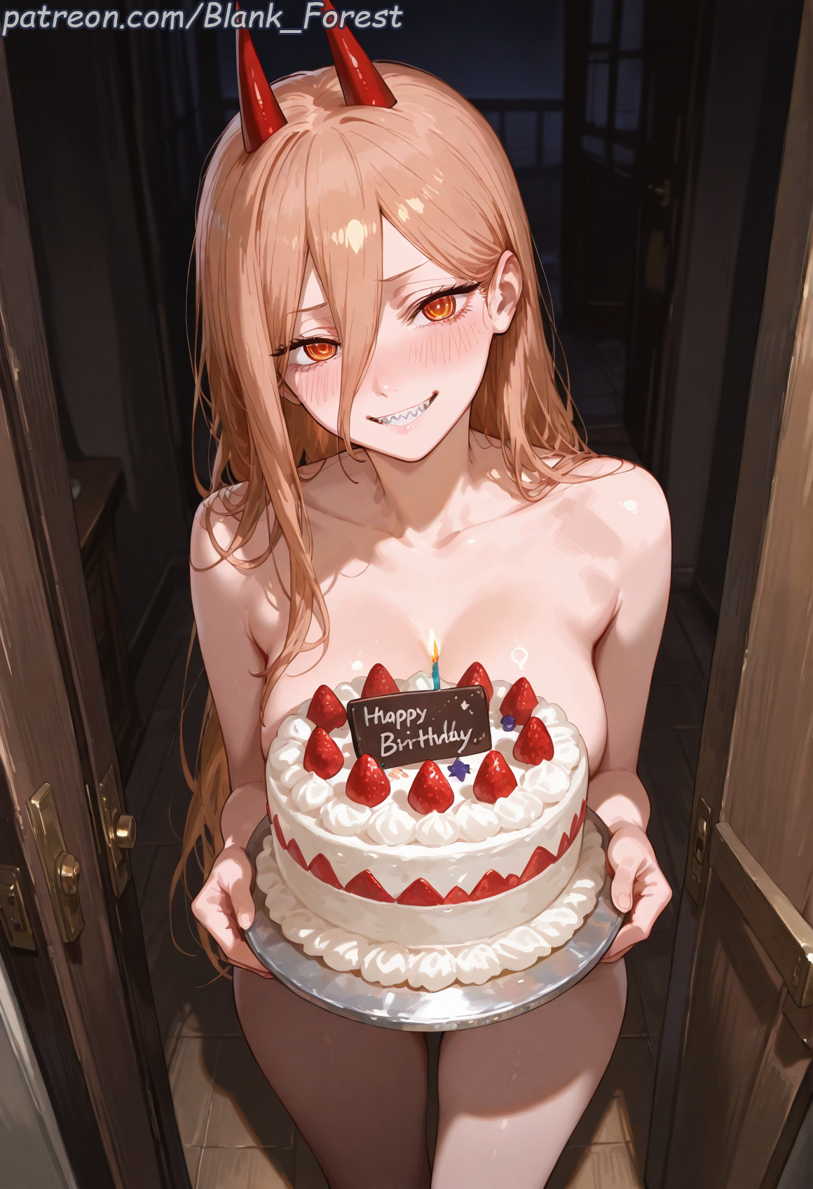 ai generated, artist name, bangs, bare shoulders, birthday, birthday cake, blank forest, blonde hair, blush, blush lines, blushing, breasts, brown eyes, cake, candle, chainsaw man, chocolate, cleavage, clenched teeth, collarbone, cum, demon, demon girl, demon horns, door, eyebrows visible through hair, fangs, female, female focus, female only, fingernails, food, from above, fruit, grin, hair between eyes, half-closed eyes, head tilt, holding, horns, indoors, large breasts, leaning forward, light brown hair, long hair, looking at viewer, medium breasts, nude, oni, oni horns, open mouth, pantyhose, parted lips, patreon username, power (chainsaw man), red eyes, red horns, sharp teeth, shiny, sidelocks, small breasts, smile, solo, standing, strawberry, teeth, thighs, very long hair, yellow eyes