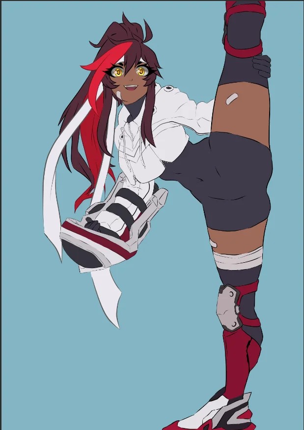 1girls, animestyle, artist request, ass, bodysuit, brown hair, fanartiguess, female, fully clothed, gauntlets, jacket, juliette (omega strikers), long hair, omega strikers, red hair, shorts, skintight, smile, sparkling eyes, standing, standing split, thick ass, thick thighs, yellow eyes