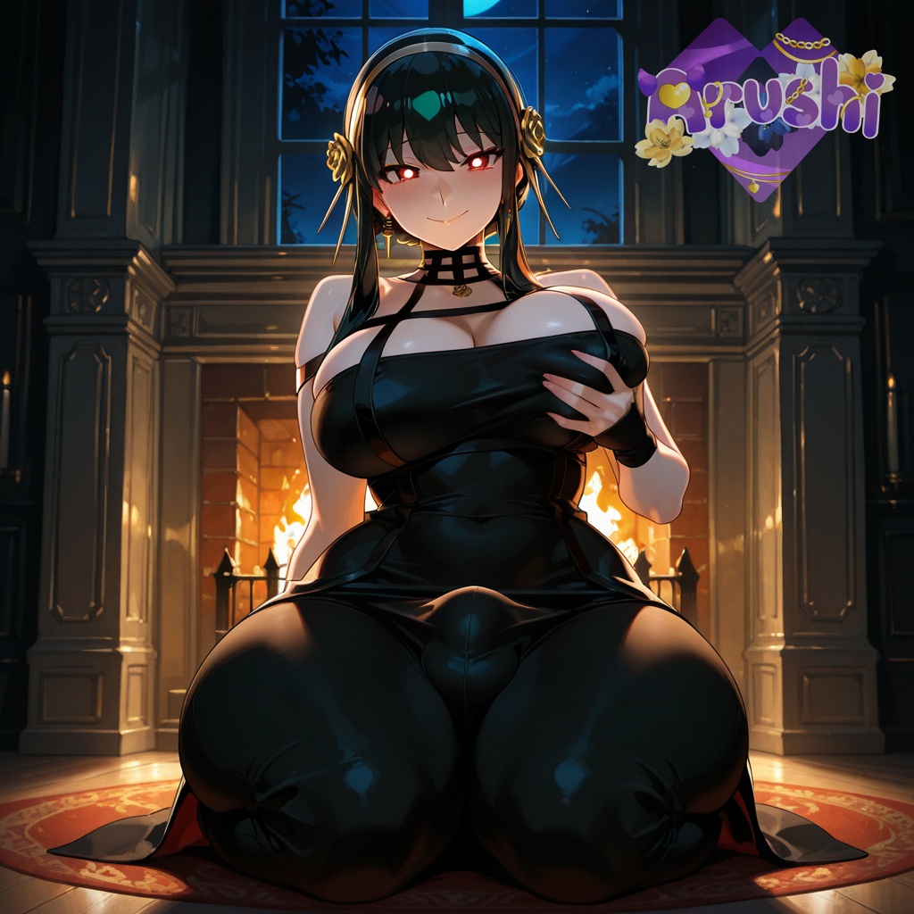 1futa, ai generated, arushi, ass, balls, big breasts, big nipples, big penis, big thighs, breasts, bright pupils, choker, clothed, clothing, cock, curvaceous, curvaceous figure, curvaceous futa, curves, curvy, curvy body, curvy figure, curvy hips, curvy thighs, dick, fireplace, flaccid, futa only, futanari, gigantic breasts, grabbing own breast, huge breasts, huge cock, huge nipples, huge thighs, intersex, kneeling, large ass, large breasts, large butt, large penis, large thighs, looking at viewer, low light, more at source, navel, navel visible through clothes, night, night sky, nipple bulge, nipples, on floor, penis, penis bulge, red eyes, smile, spy x family, testicles, thick, thick hips, thick legs, thick penis, thick thighs, thighs, veiny penis, voluptuous, voluptuous futa, white pupils, wide hips, yor briar, yor forger