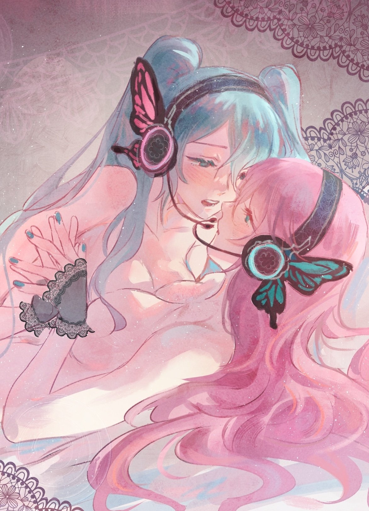 2girls, aqua eyes, aqua hair, aqua nails, blue eyes, blue hair, blue nails, blush, breast press, breasts, butterfly hair ornament, butterfly wings, chimerri, color, completely nude, eye contact, face-to-face, female, fingerless gloves, fingers together, gloves, hair ornament, half-closed eyes, hatsune miku, headphones, headset, holding hands, interlocked fingers, light blue eyes, light blue hair, lighting, long hair, looking at another, lying, lying on back, lying on stomach, magnet (vocaloid), medium breasts, megurine luka, multiple girls, nail polish, nude, on back, open mouth, painted nails, pink hair, romantic, romantic couple, symmetrical docking, teal nails, twintails, very long hair, vocaloid, wings, yuri
