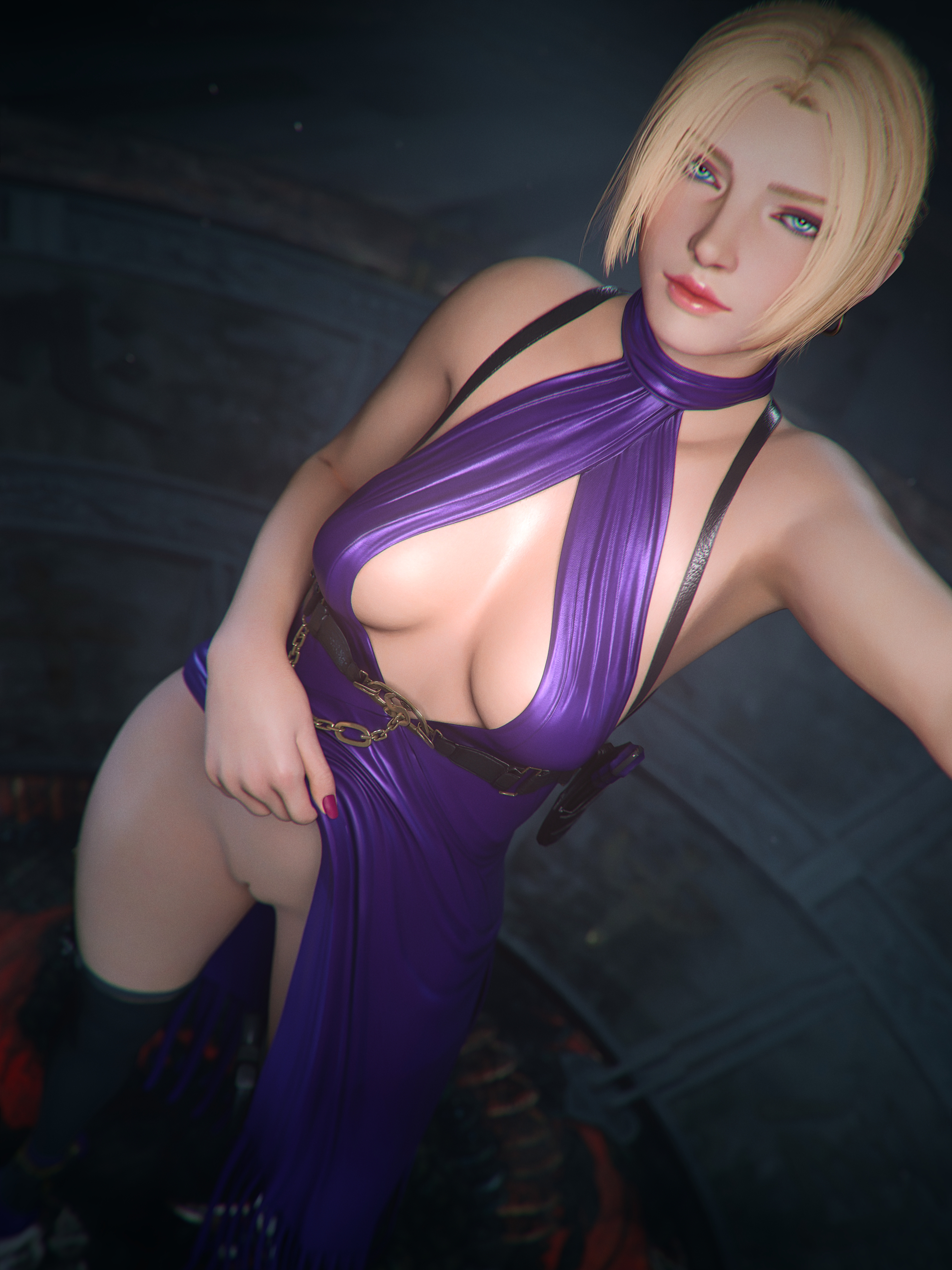 3d, 3d (artwork), artist request, blonde hair, breasts, checkpik, cleavage, dress, female, female only, hairless pussy, mature female, milf, nina williams, pussy, selfie, tekken, tekken 8