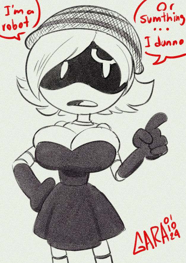 1girls, 2024, big breasts, black and white, breasts, cleavage, dress, female, female only, film grain, film noir, garabatoz, greyscale, gynoid, hand on hip, index finger raised, large breasts, mob face, monochrome, murder drones, near monochrome, robot girl, sketch, small but busty, solo, uzi (murder drones)