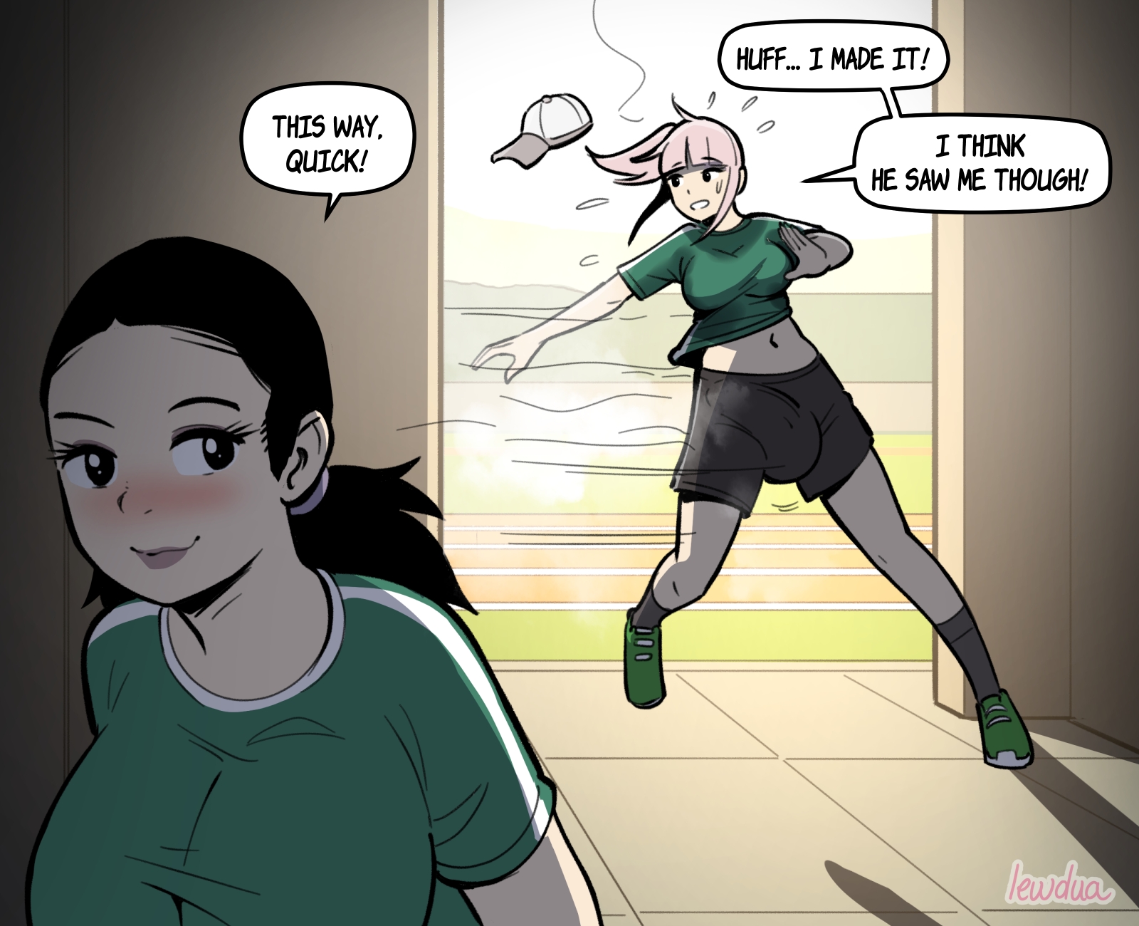 2futas, black hair, brown hair, cameltail, chloe (lewdua), dialogue, english text, futa only, futa with futa, futanari, gym clothes, gym uniform, intersex, lewdua, long hair, looking at viewer, magali (lewdua), original, original character, ponytail, speech bubble, sport, sports uniform, sweat, text